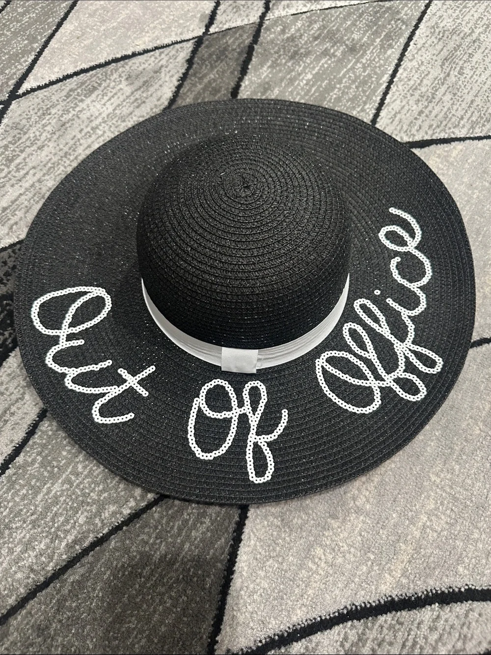 Black 'Out Of Office' Wide Brim Sun Hat with White Ribbon
